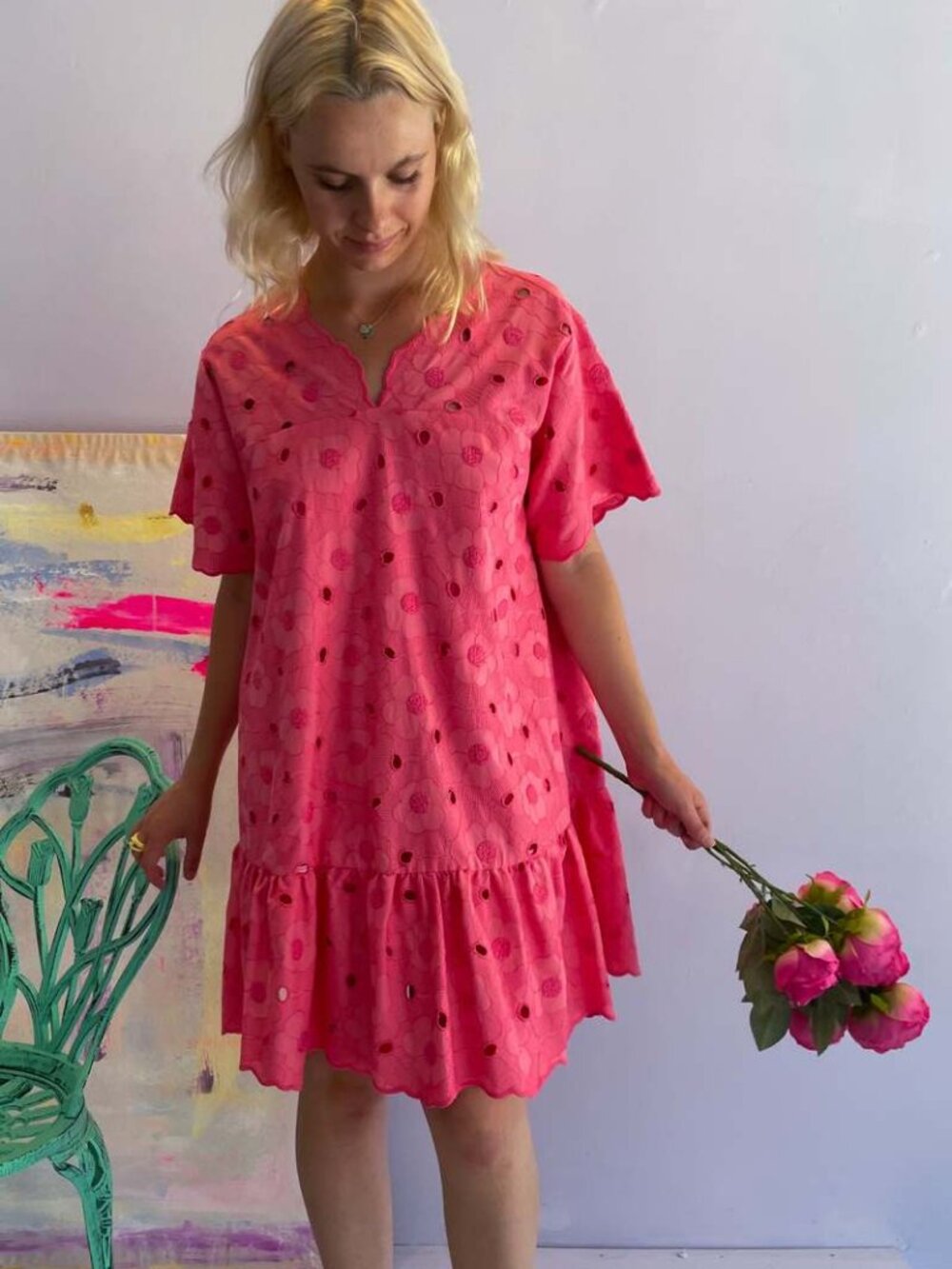 VIVETTA Eyelet Dress Pink Mini Shift Ruffle Size 42 / SMALL *Made in Italy